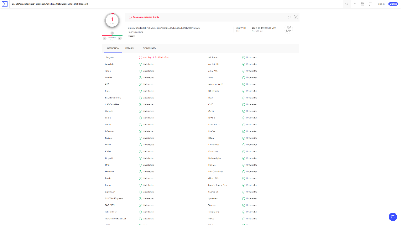 VirusTotal report for the network traffic file.